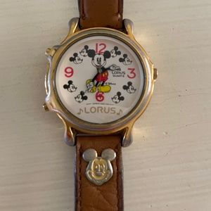 Lorus Disney Mickey Mouse Gold-Tone Watch with Brown Leather Strap